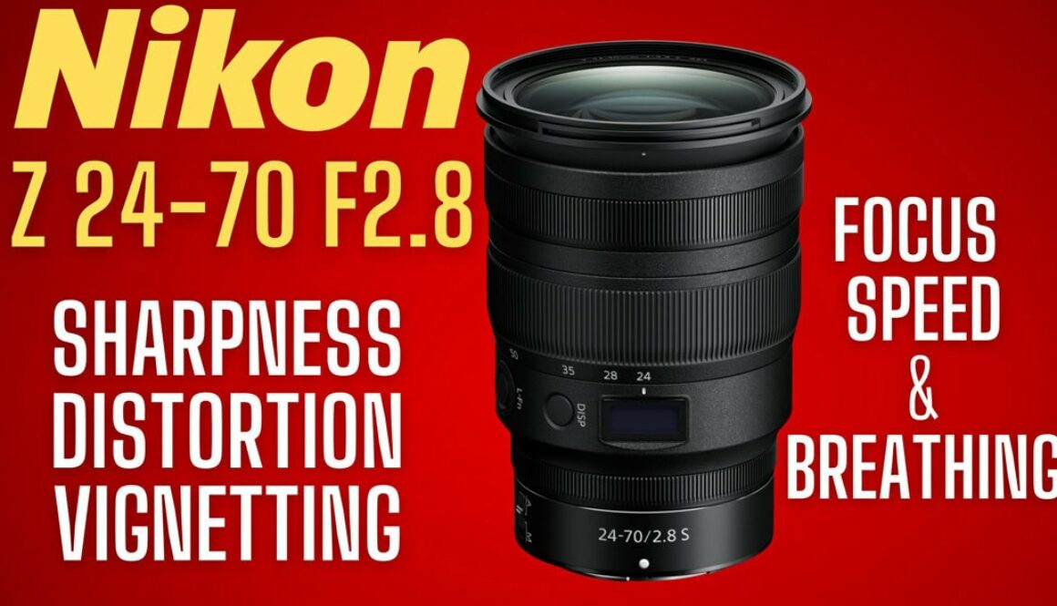 Nikon 24-70 F2.8 S lens with text saying "Nikon Z 24-70 F2.8 SHARPNESS DISTORTION VIGNETTING FOCUS SPEED & BREATHING" on a red background