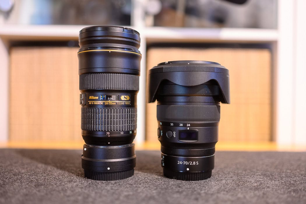 Nikon Z 24-70 F2.8 and Nikon F 24-70 F2.8 lenses side by side.