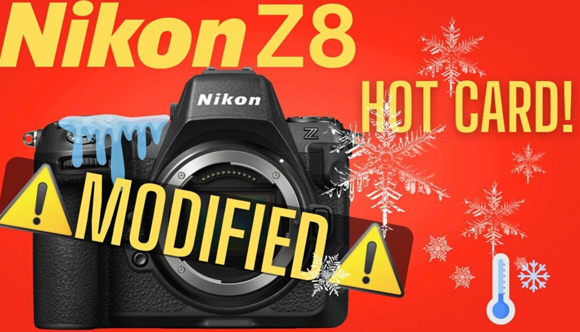 A Nikon Z8 camera on a red background with text saying Nikon Z8 Hot Card Warning Modification