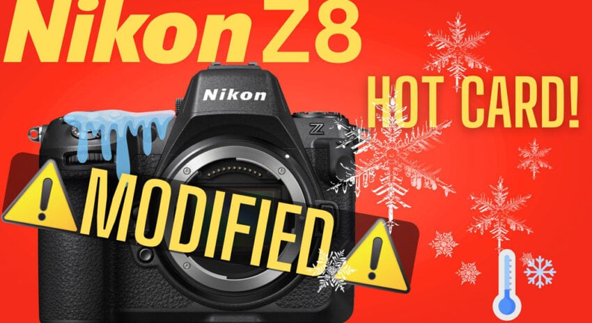 A Nikon Z8 camera on a red background with text saying Nikon Z8 Hot Card Warning Modification