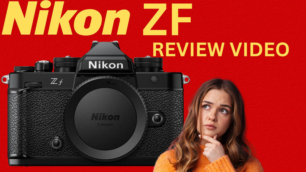 Nikon ZF on a red background with a woman looking at it with text saying Nikon ZF Review Video