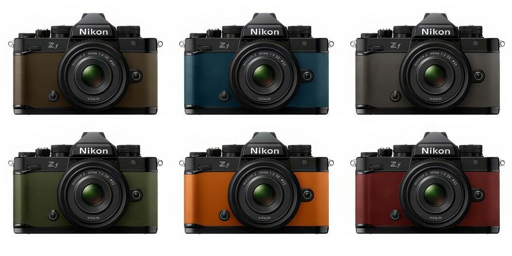 The Nikon ZF colour choices with 6 different coloured cameras on a white background